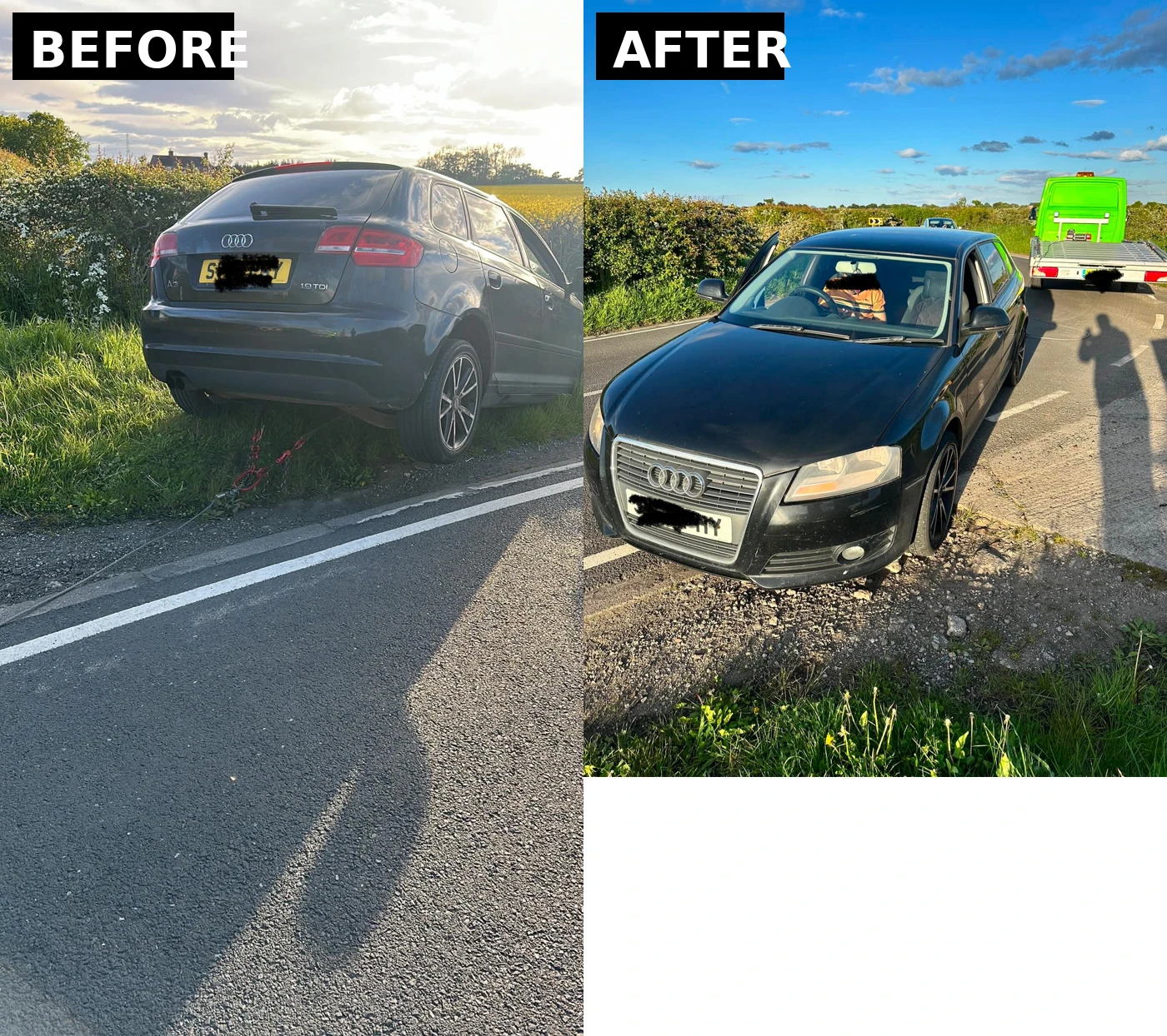 Audi before and after winch recovery Cardiff vehicle pull out service